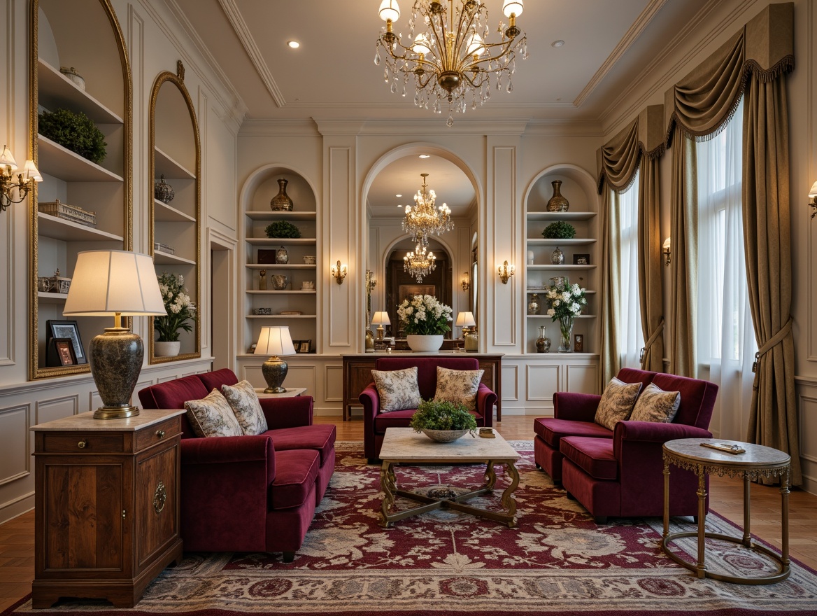 Prompt: Luxurious velvet sofas, ornate wooden armchairs, intricately carved mahogany coffee tables, gilded metal frames, crystal chandeliers, richly patterned rugs, marble-topped side tables, plush silk upholstery, neoclassical archways, grandiose mirrors, opulent drapery, sophisticated neutral color palette, subtle gold accents, refined decorative moldings, elegant wall sconces, lavish floor lamps, stately columnar shelves, highly polished wooden flooring, soft warm lighting, shallow depth of field, 1/2 composition, realistic textures.