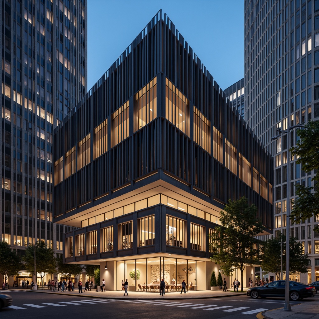 Prompt: Bauhaus-style government building, angular lines, minimal ornamentation, functional architecture, rectangular forms, steel frames, large windows, industrial lighting fixtures, exposed ductwork, concrete floors, raw materials, urban cityscape, busy streets, modern streetlights, warm white lighting, high contrast ratios, dramatic shadows, 1/2 composition, symmetrical framing, realistic textures, subtle color grading.