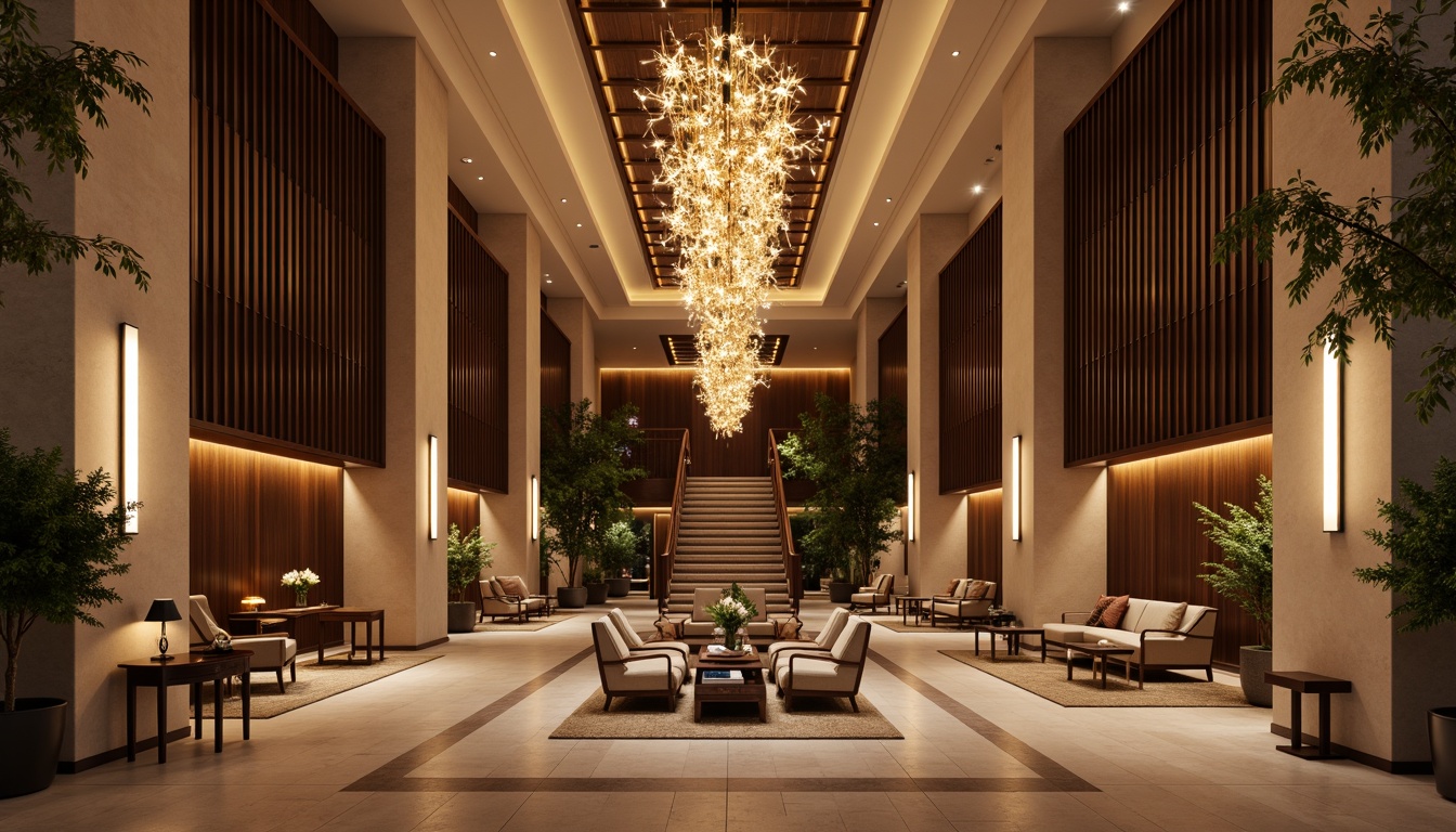 Prompt: Elegant hotel lobby, luxurious chandeliers, modern sconces, warm ambient lighting, rich wood accents, plush furniture, sophisticated color schemes, high ceilings, grand staircases, lavish drapery, metallic finishes, minimalist decor, sleek lines, LED strips, pendant lights, cozy seating areas, intimate corner spaces, warm golden tones, soft diffused light, shallow depth of field, 1/1 composition, realistic reflections, atmospheric illumination.