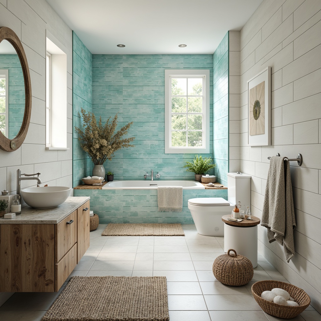 Prompt: Calming coastal bathroom, soft blue-green glass tiles, ocean-inspired mosaics, natural stone accents, driftwood vanity, sea-glass countertops, woven fiber rugs, shell-shaped decorations, beachy white shiplap walls, spa-like ambiance, warm soft lighting, 1/1 composition, shallow depth of field, realistic textures, ambient occlusion.