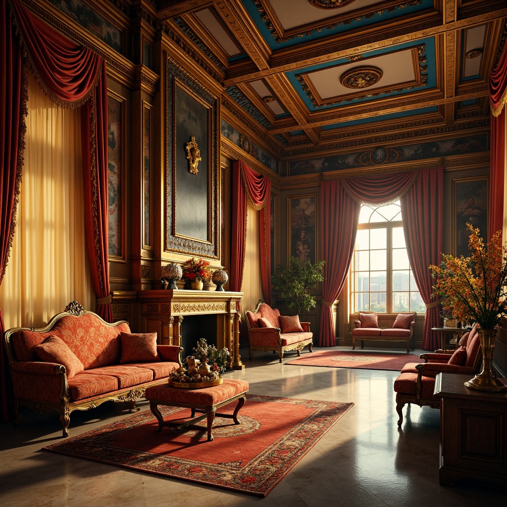 Prompt: Richly ornate Renaissance-style interior, warm golden lighting, lavish furnishings, intricately carved wooden panels, velvet drapes, opulent fabrics, jewel-toned color palette, regal reds, majestic blues, sun-kissed yellows, soft creams, ornate gilded frames, frescoed ceilings, marble floors, grand chandeliers, luxurious textiles, subtle sheen, warm ambiance, atmospheric perspective, 1/2 composition, cinematic lighting, realistic reflections.