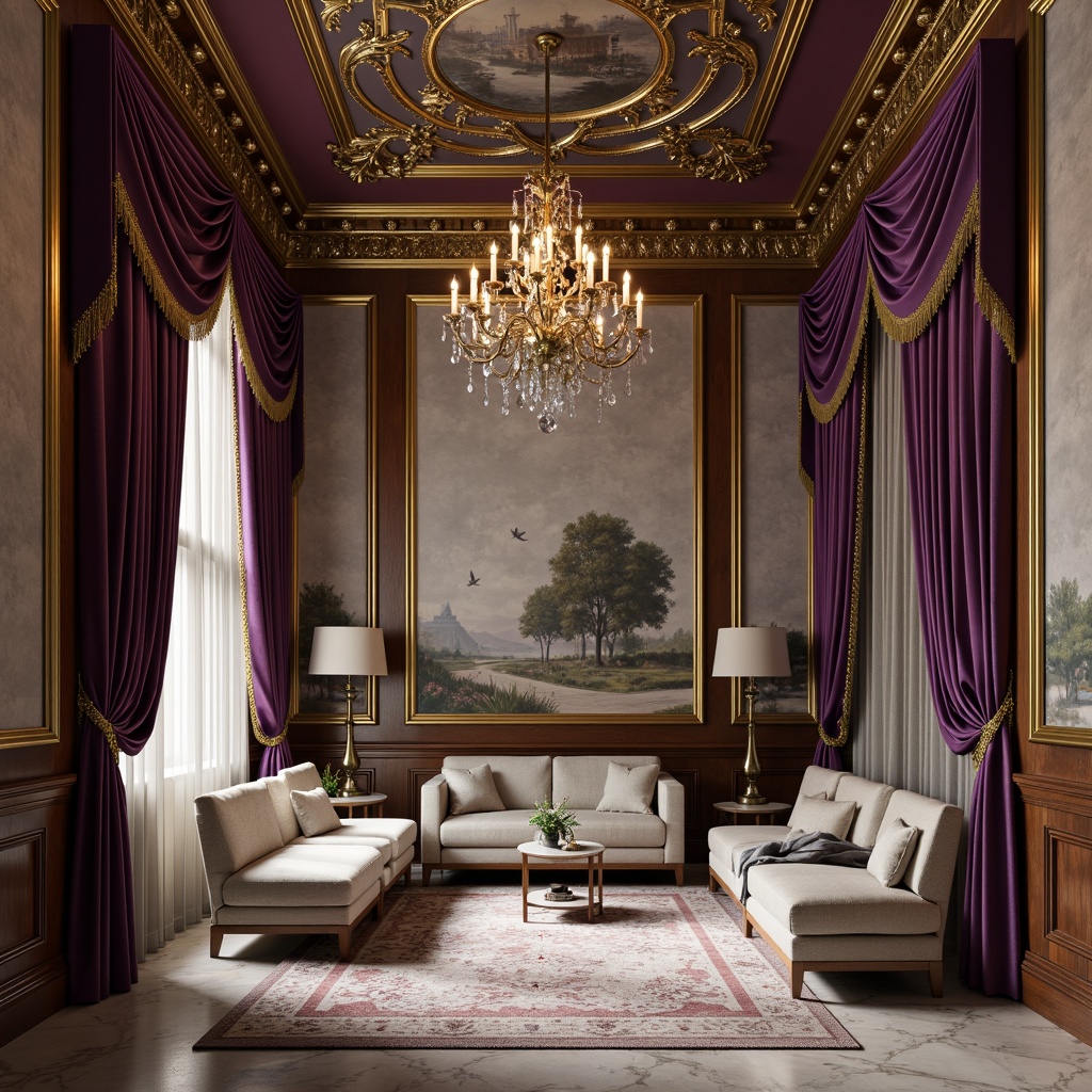 Prompt: Luxurious fabrics, rich velvet drapes, ornate golden frames, intricately carved wooden panels, soft silk upholstery, lavish crystal chandeliers, delicate lace curtains, antique bronze hardware, regal purple hues, sophisticated neutral tones, elegant marble floors, refined herringbone patterns, subtle damask textures, opulent tassel trimmings, majestic crown molding, exquisite hand-painted murals, warm candlelight ambiance, shallow depth of field, 1/1 composition, realistic fabric renderings.