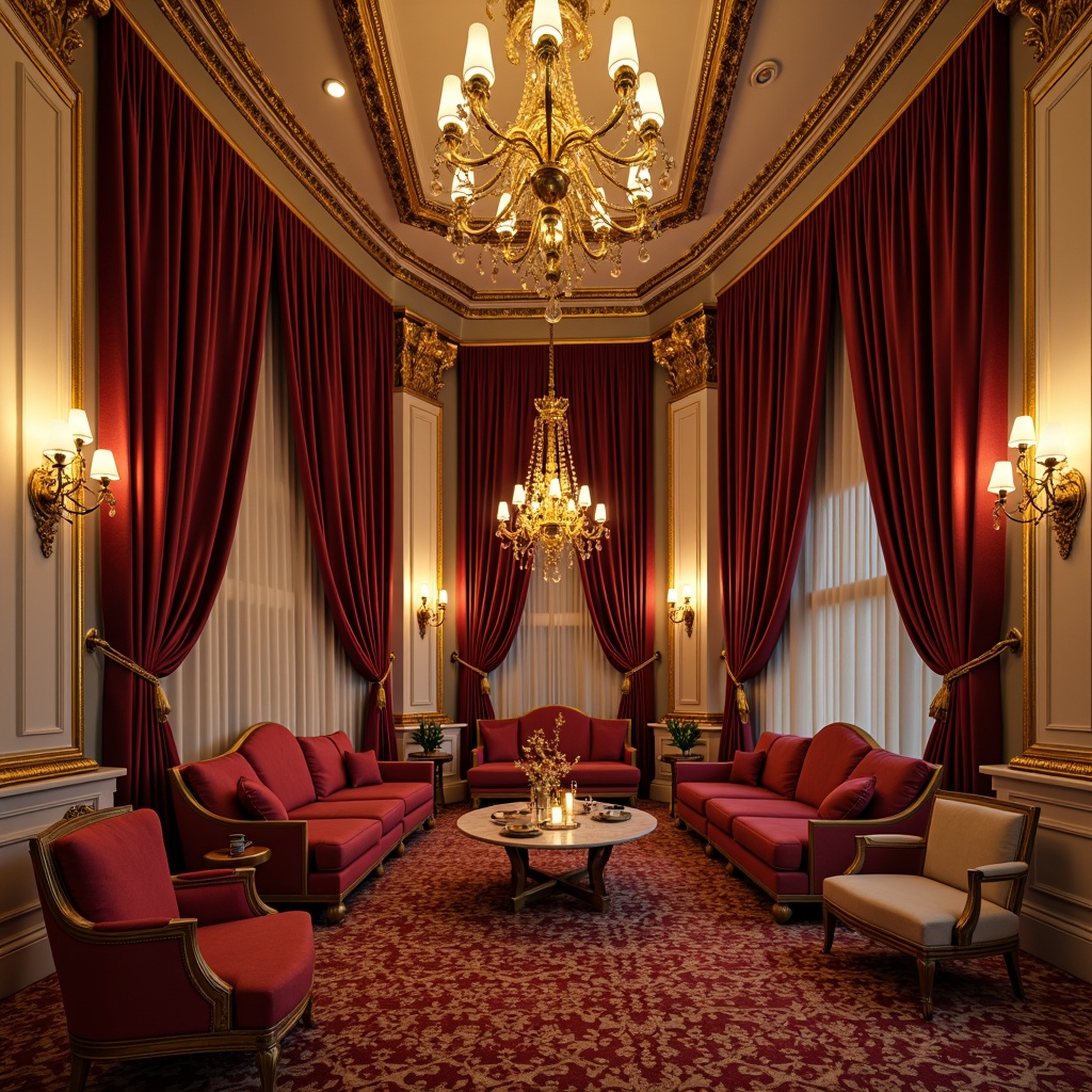 Prompt: Rich velvet curtains, ornate golden frames, plush red seats, lavish chandeliers, intricate molding details, warm beige walls, soft cream-colored ceilings, subtle wood accents, dramatic spotlights, ambient warm glow, luxurious textures, opulent fabrics, majestic high ceilings, grand entranceways, sophisticated color harmony, balanced composition, 1/2 frame ratio, shallow depth of field, realistic reflections.