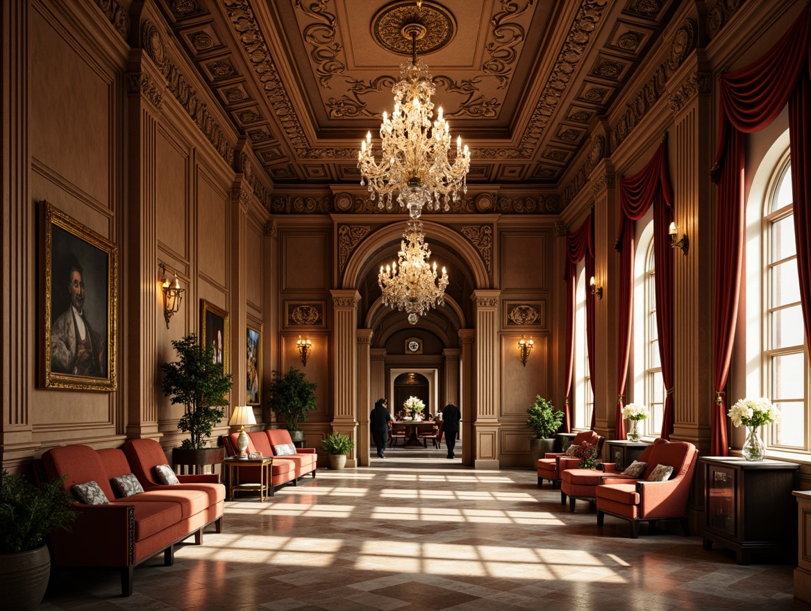 Prompt: Intricate moldings, ornate carvings, rich wood tones, polished marble floors, crystal chandeliers, velvet drapes, gilded accents, luxurious upholstery, stately columns, grand archways, opulent furnishings, refined textures, subtle sheen, warm golden lighting, shallow depth of field, 2/3 composition, symmetrical arrangement, classic color palette, sophisticated ambiance.