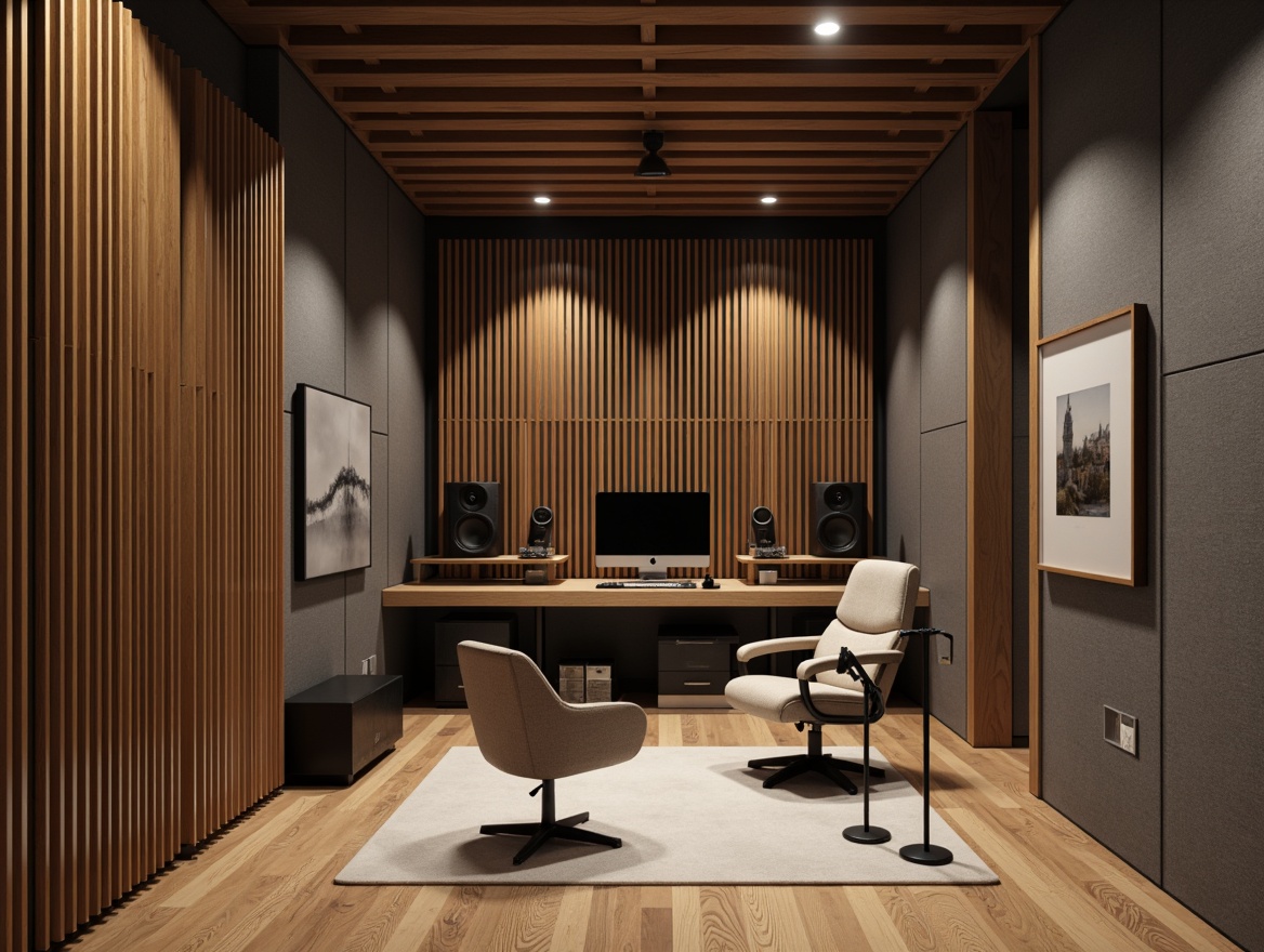 Prompt: Soundproof recording studio, wooden acoustic panels, soft velvet fabric, gray tone walls, professional audio equipment, microphone stands, sound waves graphics, ergonomic chair, adjustable desk, warm ambient lighting, 1/1 composition, shallow depth of field, realistic textures, subtle shadows.