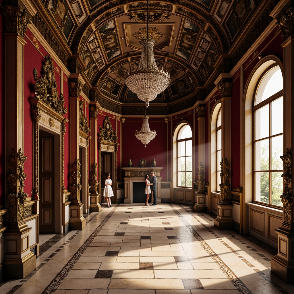 Prompt: Richly ornamented Baroque interior, lavish gold accents, intricate carvings, velvety dark red walls, luxurious cream-colored marble floors, ornate crystal chandeliers, dramatic coved ceilings, abundant natural light, soft warm glow, subtle shadows, 1/1 composition, intimate atmosphere, realistic textures, ambient occlusion.