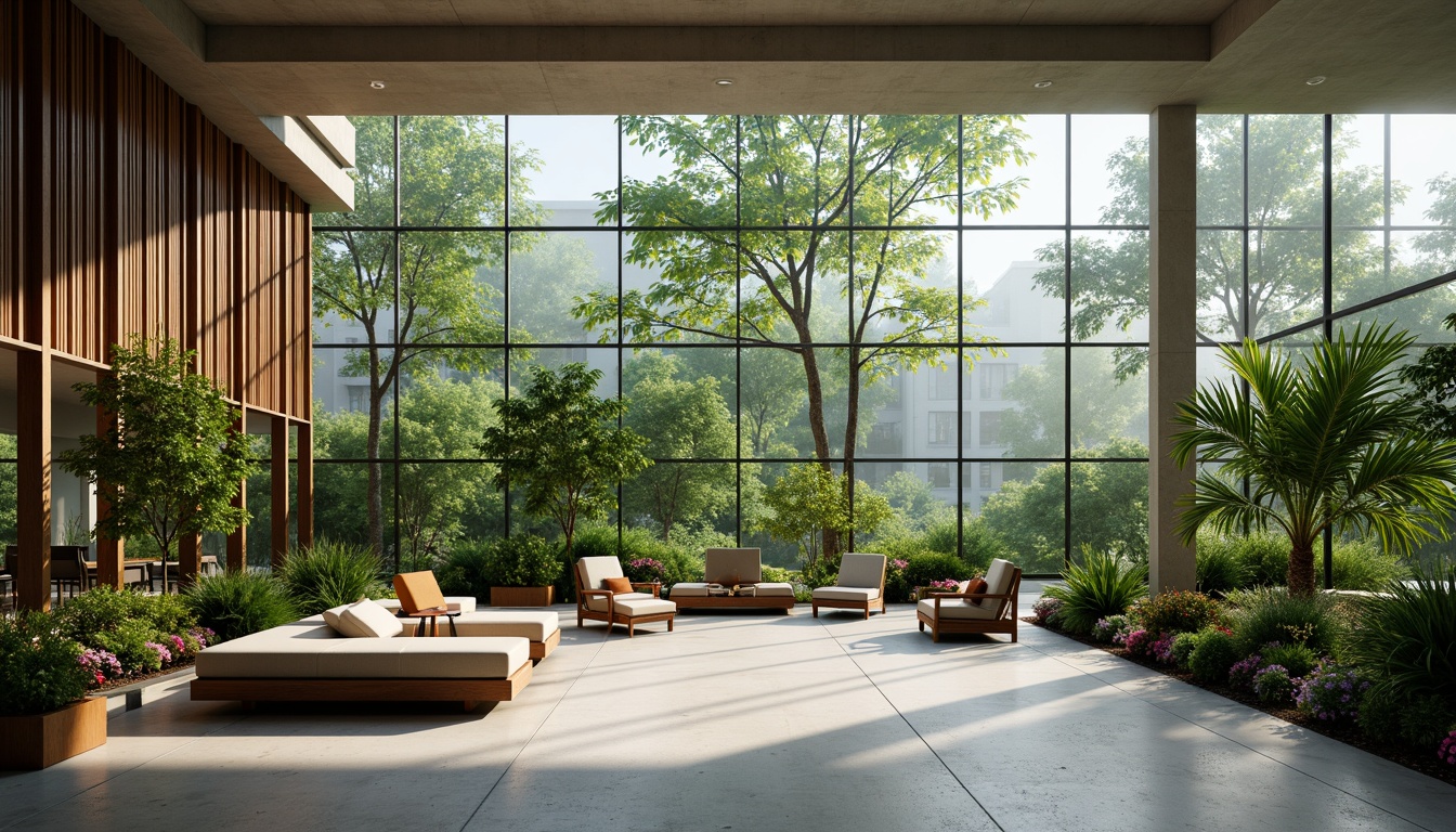 Prompt: Minimalist interior, floor-to-ceiling glass walls, lush greenery, natural light pouring in, modern sleek lines, polished concrete floors, wooden accents, industrial chic decor, urban jungle feel, tropical plants, vibrant colorful flowers, misty morning atmosphere, soft warm lighting, shallow depth of field, 1/1 composition, realistic textures, ambient occlusion.