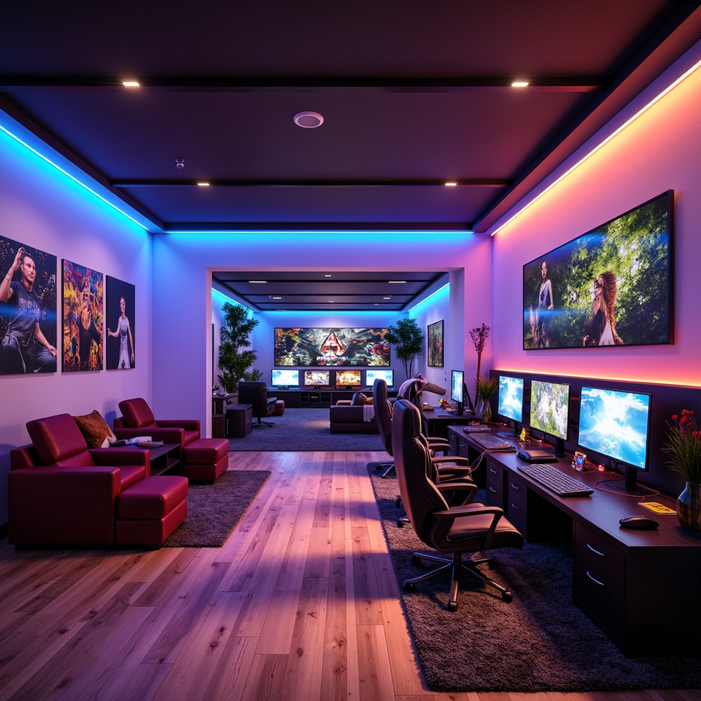 Prompt: Functional game room, modern interior design, sleek entertainment center, comfortable seating area, vibrant color scheme, neon accents, futuristic lighting, high-tech gaming stations, ergonomic chairs, wooden flooring, minimal ornamentation, cozy atmosphere, soft box lighting, shallow depth of field, 3/4 composition, panoramic view, realistic textures, ambient occlusion.