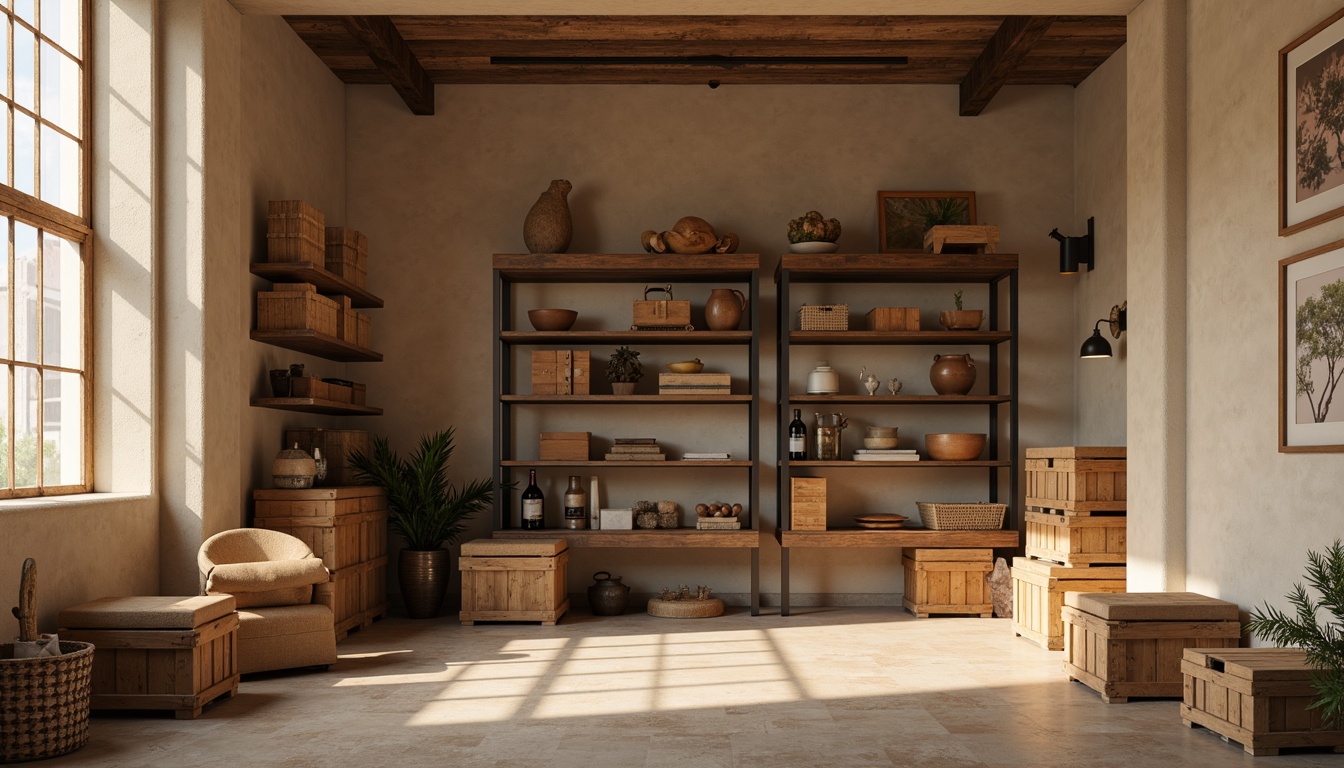 Prompt: Cozy storage room, soft beige walls, warm wooden crates, rustic metal shelves, earthy brown tones, natural stone flooring, minimalistic decor, softbox lighting, subtle shadows, 1/1 composition, realistic textures, ambient occlusion.