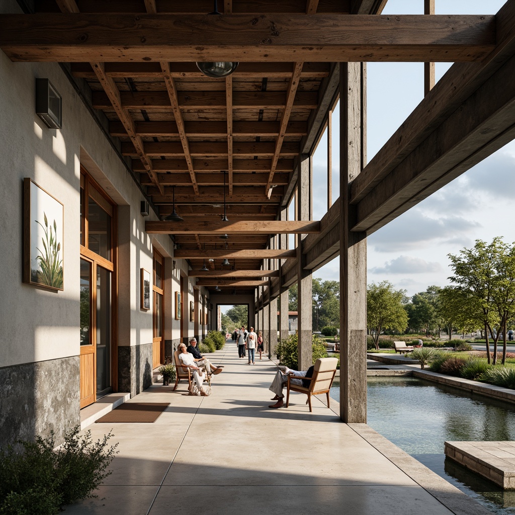 Prompt: Exposed beams, industrial chic memorial center, reclaimed wood accents, metal framework, concrete flooring, minimalist decor, natural light pouring in, suspended lighting fixtures, abstract artwork, solemn atmosphere, respectful ambiance, subtle color palette, muted tones, rustic textures, distressed finishes, historic significance, commemorative plaques, tranquil courtyard, lush greenery, serene water features, gentle breeze, warm afternoon sunlight, shallow depth of field, 2/3 composition, realistic rendering.