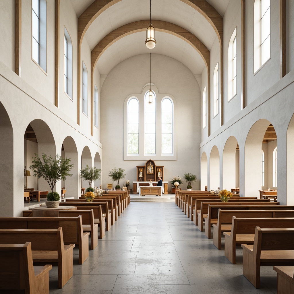 Prompt: Light-filled nave, minimalist pews, Nordic wooden accents, vaulted ceilings, clerestory windows, whitewashed walls, limestone flooring, ornate pulpit, candles and candelabras, elegant chandeliers, natural textiles, soft warm lighting, 1/1 composition, shallow depth of field, peaceful ambiance, serene atmosphere, harmonious proportions, functional spaces, community gathering areas, Nordic-inspired furnishings, subtle color palette, airy openness.