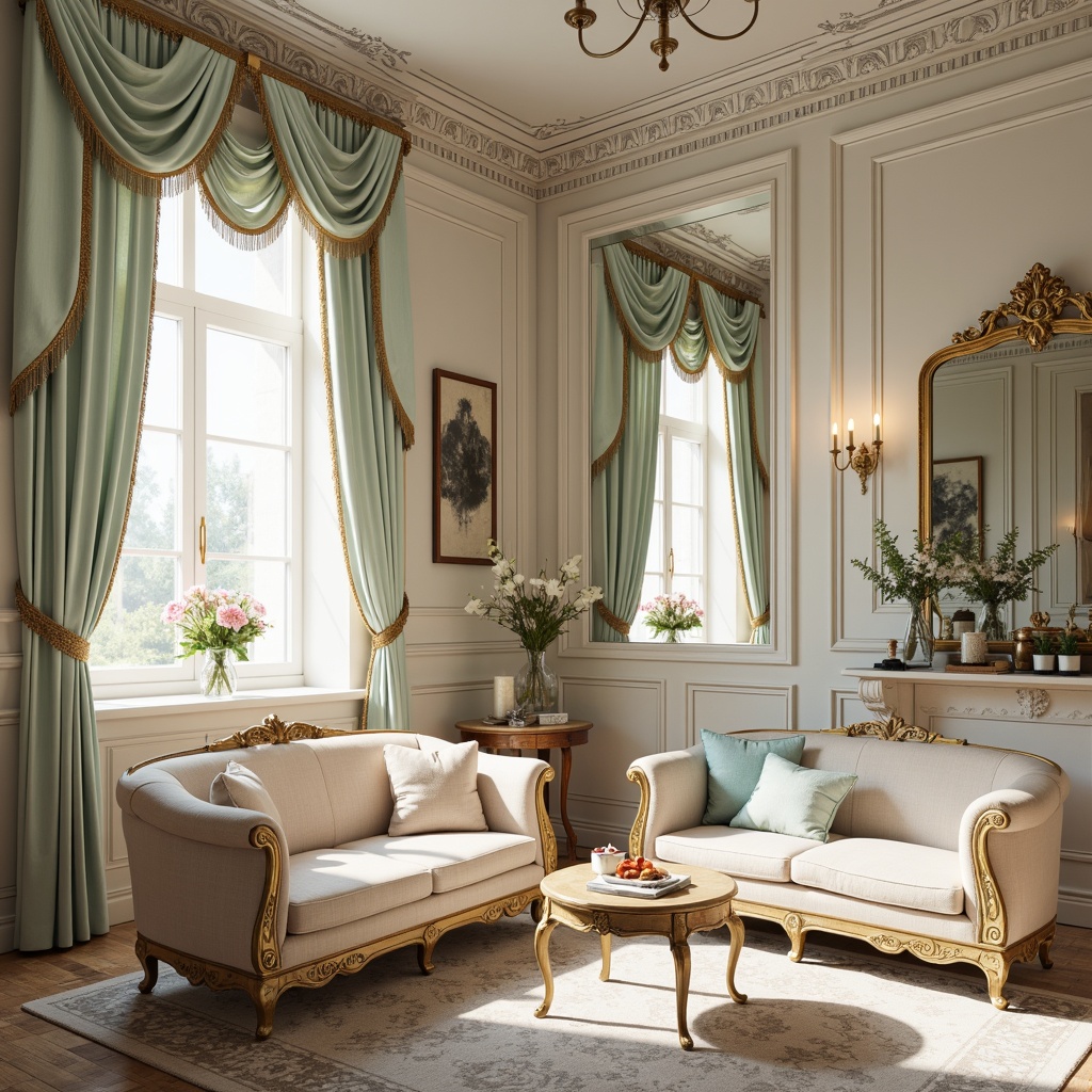 Prompt: Soft pastel hues, gentle gold accents, ornate furnishings, lavish drapery, delicate florals, creamy whites, pale blues, minty greens, blush pinks, ivory tones, intricate moldings, curved silhouettes, luxurious fabrics, velvet textures, subtle sheen, warm candlelight, dramatic shadows, 1/1 composition, intimate atmosphere, realistic reflections, ornate mirrors.