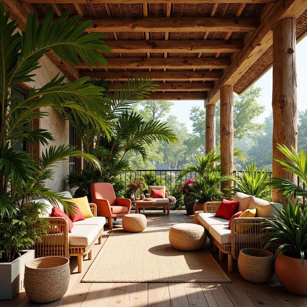 Prompt: Vibrant tropical interior, lush greenery, exotic flowers, warm wood accents, rattan furniture, colorful textiles, natural fabrics, woven baskets, earthy terracotta pots, sun-kissed wooden floors, coral-inspired hues, turquoise blue tones, sunny yellow shades, soft peach undertones, creamy whites, ambient warm lighting, shallow depth of field, 3/4 composition, panoramic view, realistic textures, ambient occlusion.