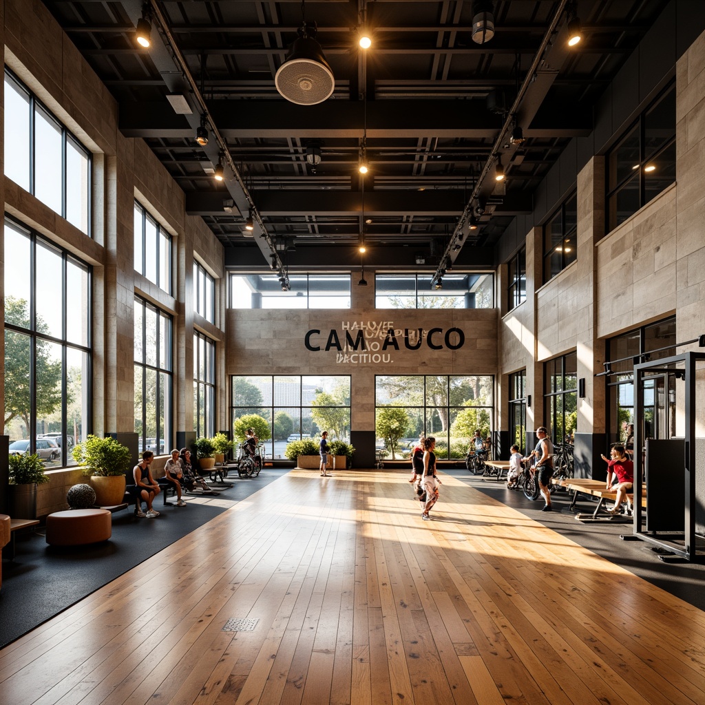 Prompt: Vibrant gym interior, suspended track lights, polished wooden floors, modern sports equipment, motivational quotes, natural stone walls, large windows, bright daylight, soft warm lighting, shallow depth of field, 3/4 composition, panoramic view, realistic textures, ambient occlusion, athletic colors, dynamic shadows, high-contrast ratios, dramatic spotlights, futuristic architecture design, sleek metal beams, minimalist design, innovative LED solutions.