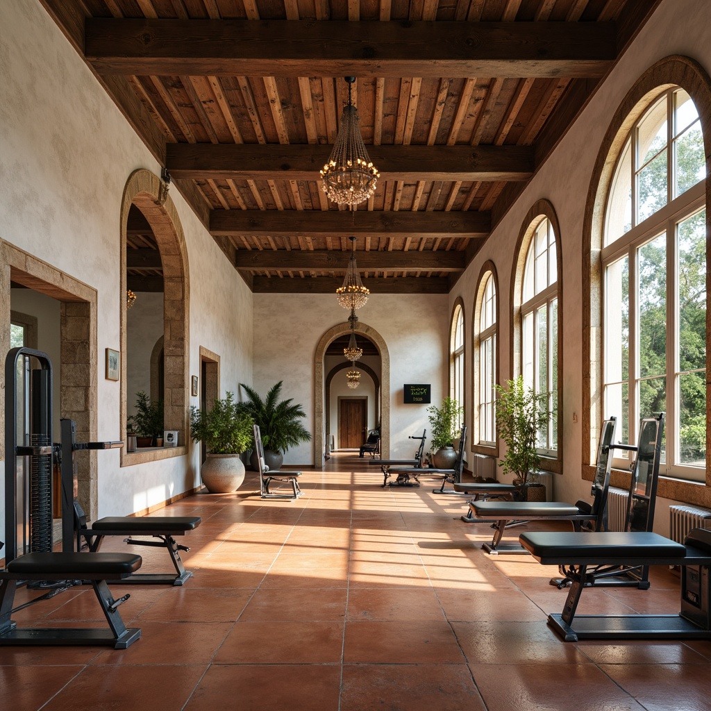 Prompt: Rustic fitness club, distressed wood accents, soft cream walls, warm terracotta floors, vintage metal equipment, natural stone columns, elegant chandeliers, soft blue-grey hues, earthy brown tones, muted greenery, antique wooden beams, ornate mirrors, classic French country architecture, tranquil atmosphere, soft warm lighting, shallow depth of field, 3/4 composition, panoramic view, realistic textures, ambient occlusion.Please let me know if this meets your requirements!