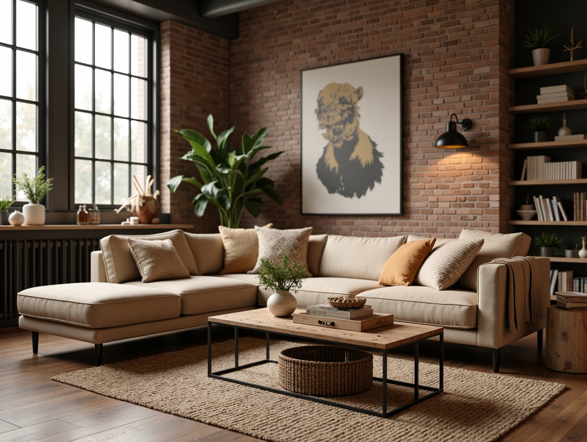 Prompt: Cozy living room, comfortable sofas, plush cushions, reclaimed wood coffee tables, industrial metal legs, natural fiber rugs, earthy tone colors, soft warm lighting, floor-to-ceiling windows, urban loft-style architecture, exposed brick walls, modern minimalist decor, functional shelving units, decorative wall art, greenery accents, natural textiles, inviting ambiance, 1/1 composition, realistic reflections, shallow depth of field.