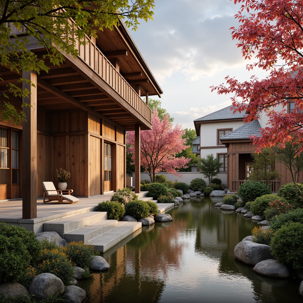 Prompt: Traditional Japanese architecture, rustic wooden accents, natural stone walls, serene water features, lush greenery, vibrant cherry blossoms, intricate tile work, delicate paper lanterns, warm golden lighting, soft misty atmosphere, shallow depth of field, 2/3 composition, realistic textures, ambient occlusion, earthy color palette, muted pastel hues, warm beige tones, rich wooden browns, deep crimson reds, soft sage greens.