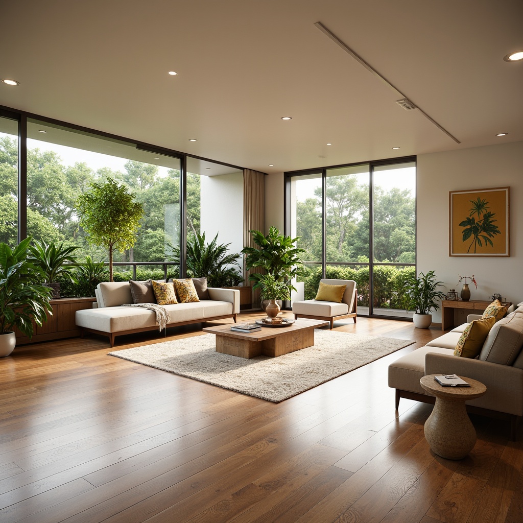 Prompt: Open-plan living area, airy atmosphere, natural light pouring in, polished wooden floors, sleek minimalist decor, comfortable seating areas, cozy reading nooks, floor-to-ceiling windows, sliding glass doors, lush greenery, vibrant plants, modern art pieces, geometric patterns, warm beige color scheme, soft ambient lighting, 1/2 composition, shallow depth of field, realistic textures, ambient occlusion.