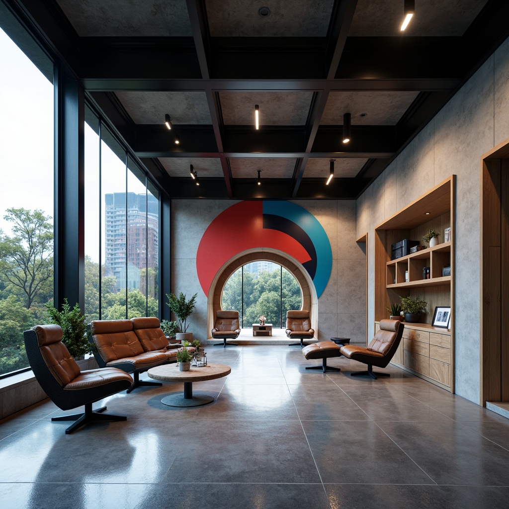 Prompt: Industrial-chic Bauhaus interior, polished concrete floors, matte black steel accents, minimalist wooden furniture, sleek metal legs, monochromatic color scheme, neutral background, accentuated by bold geometric patterns, vibrant red and blue hues, natural light pouring in through floor-to-ceiling windows, low-angle shot, dramatic shadows, atmospheric lighting, 1/1 composition, realistic reflections.