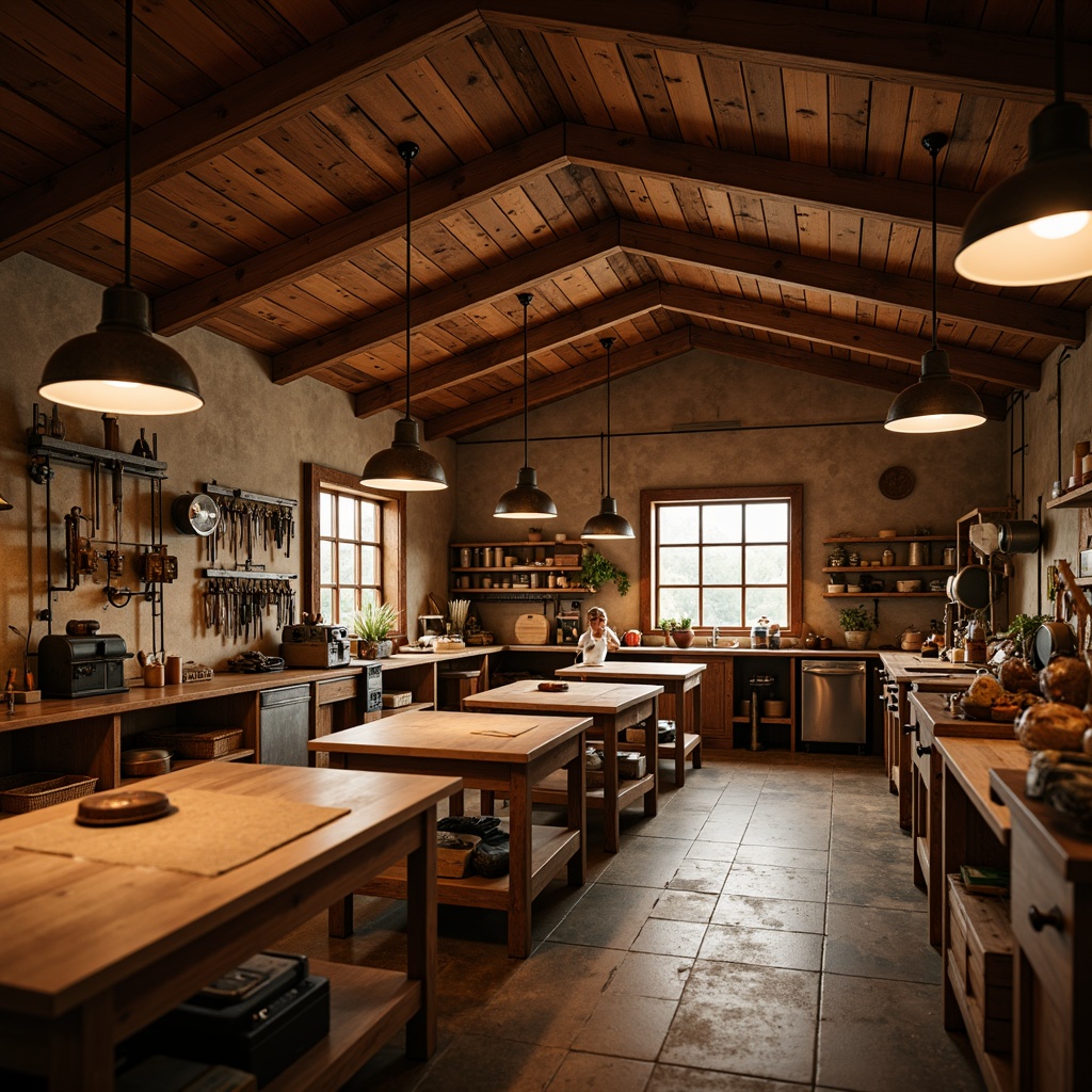 Prompt: Cozy woodworking workshop, rustic wooden beams, warm pendant lamps, task lighting fixtures, metal shades, industrial-style ceiling lights, natural wood tones, earthy color palette, organized tool storage, wooden workbenches, vintage machinery, distressed metal accents, soft warm glow, shallow depth of field, 1/2 composition, realistic textures, ambient occlusion.