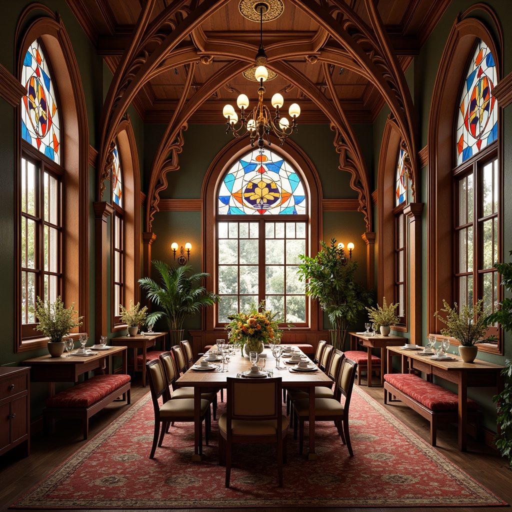 Prompt: Luxurious dining room, ornate wooden furniture, curved lines, flowing organic forms, intricate carvings, stained glass windows, vibrant colored tiles, velvet upholstery, golden accents, soft warm lighting, shallow depth of field, 3/4 composition, symmetrical arrangement, opulent textiles, natural materials, elegant shapes, whimsical patterns, botanical motifs, sinuous curves, decorative mirrors, lavish centerpieces, ambient occlusion.