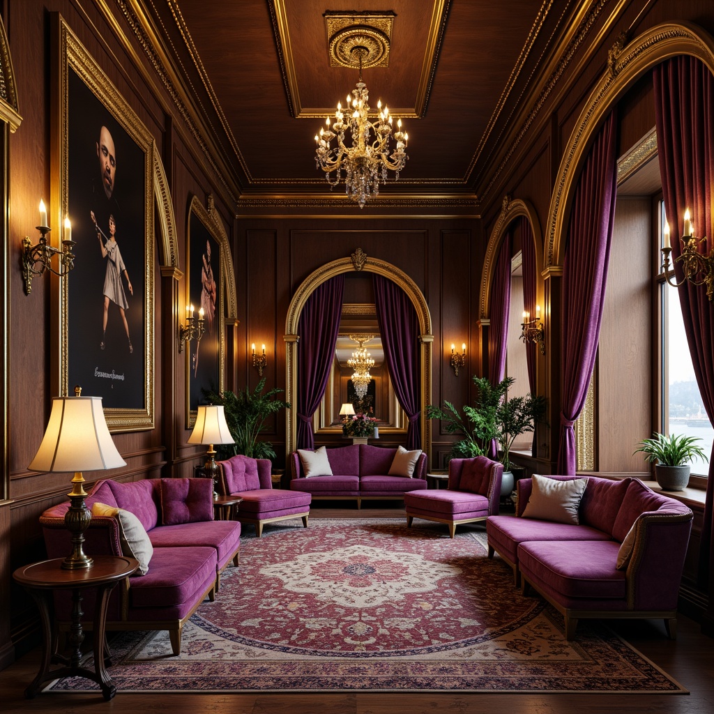 Prompt: Ornate gold frames, velvet upholstery, carved wooden legs, intricately patterned rugs, grandiose chandeliers, luxurious fabrics, rich brown woods, antique finishes, curved silhouettes, regal purple accents, lavish drapery, opulent textiles, majestic architecture, high ceilings, dramatic lighting, warm candlelight, 1/2 composition, intimate atmosphere, realistic reflections, subtle animations.