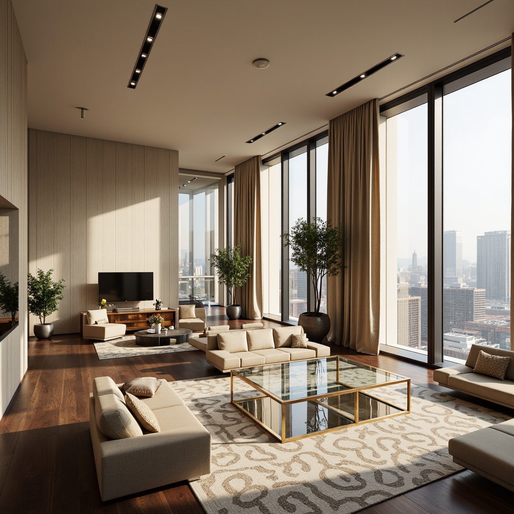 Prompt: Luxurious modern interior, sleek glass accents, polished chrome fixtures, minimalist decor, ambient soft lighting, subtle reflections, crystal clear glass tables, geometric patterned rugs, cream-colored walls, elegant furniture silhouettes, urban loft atmosphere, open-plan living space, floor-to-ceiling windows, cityscape views, warm beige tones, sophisticated color palette, 1/2 composition, shallow depth of field, realistic textures.