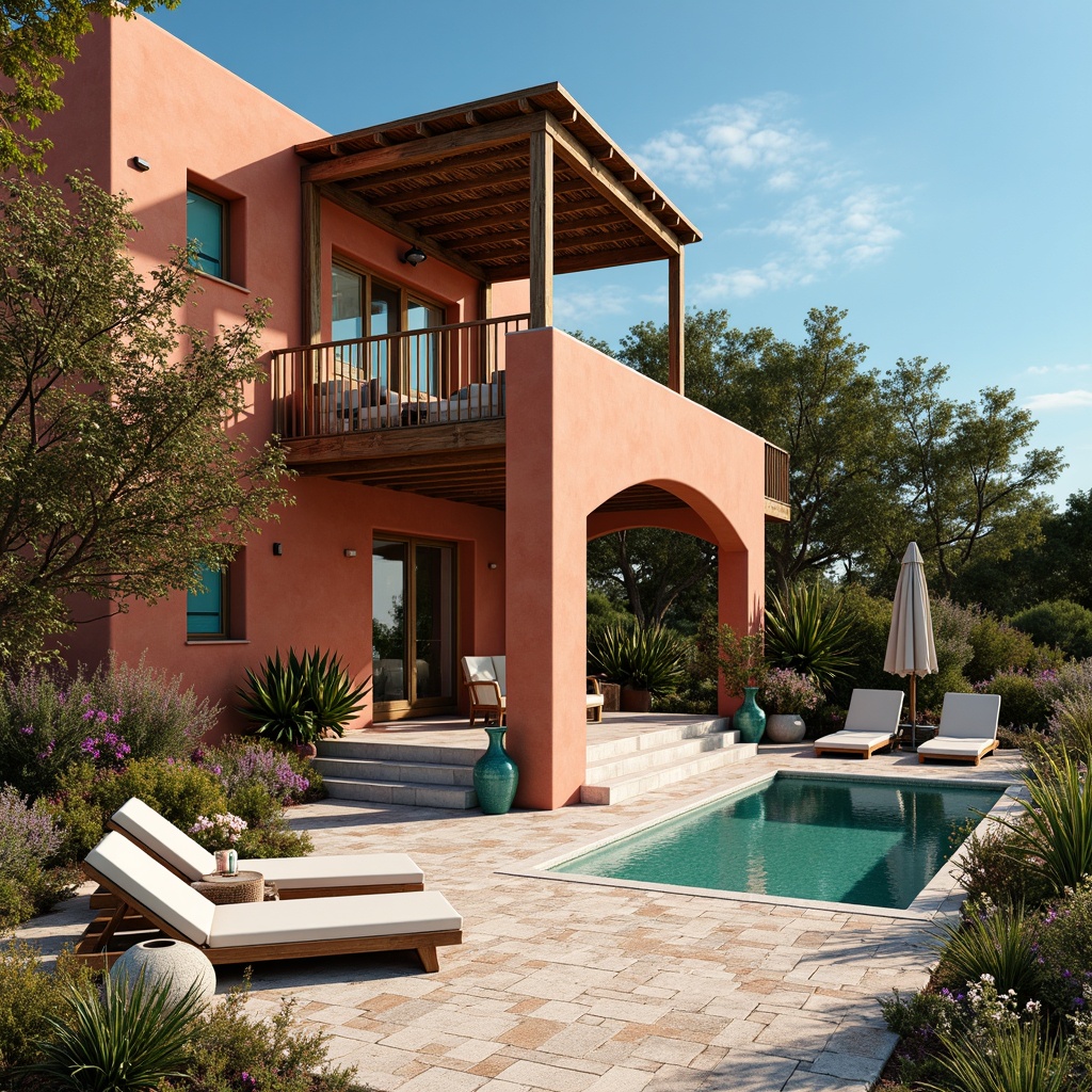 Prompt: Vibrant Mediterranean villa, warm terracotta walls, turquoise accents, lush greenery, blooming flowers, ornate tiles, rustic wooden doors, wrought iron balconies, bright azure sky, warm sandy beaches, crystal clear waters, seashells, driftwood, colorful ceramics, distressed finishes, natural textiles, earthy aromas, soft warm lighting, shallow depth of field, 1/2 composition, panoramic view, realistic textures, ambient occlusion.