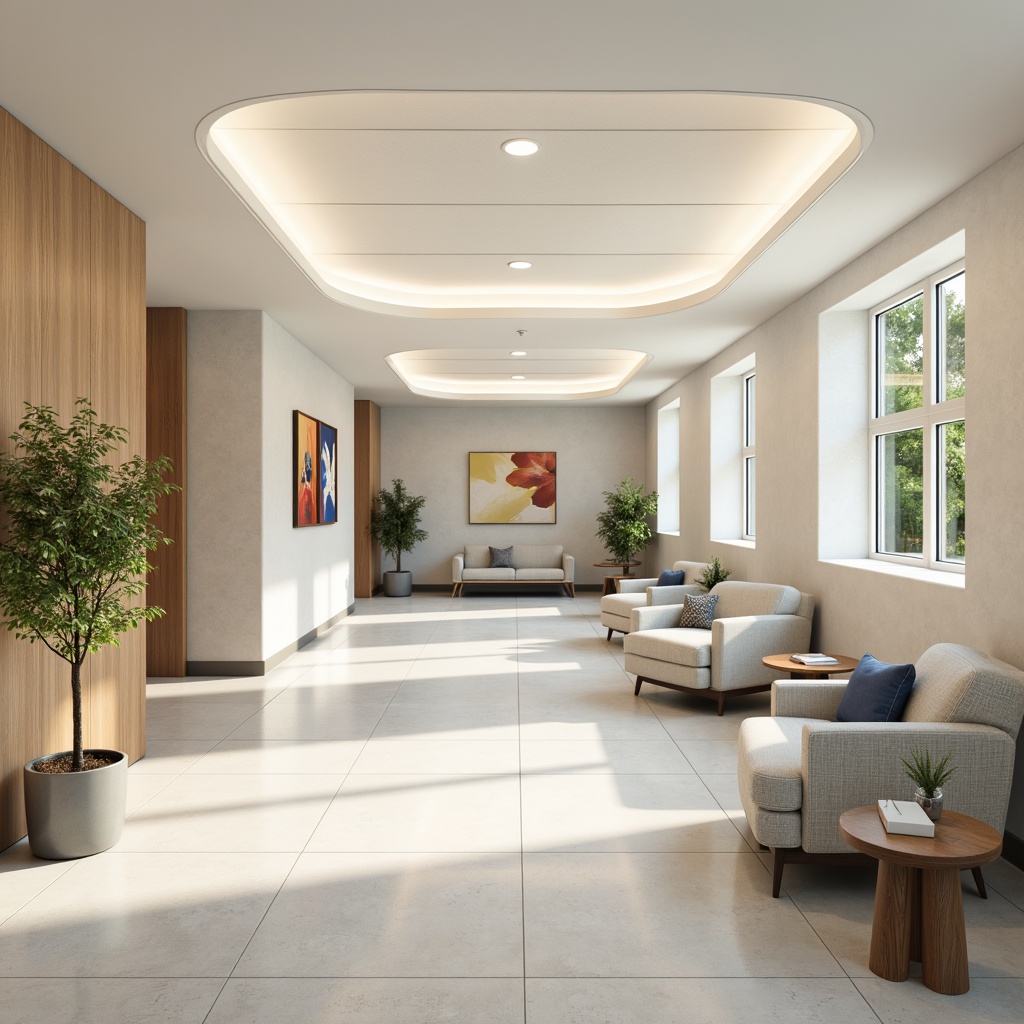 Prompt: Calming hospital interior, soft pastel colors, creamy whites, warm beige tones, natural wood accents, gentle blue hues, soothing greenery, comfortable furniture, rounded edges, minimal ornamentation, abundant natural light, subtle textures, 1/1 composition, realistic renderings, ambient occlusion, healing atmosphere.