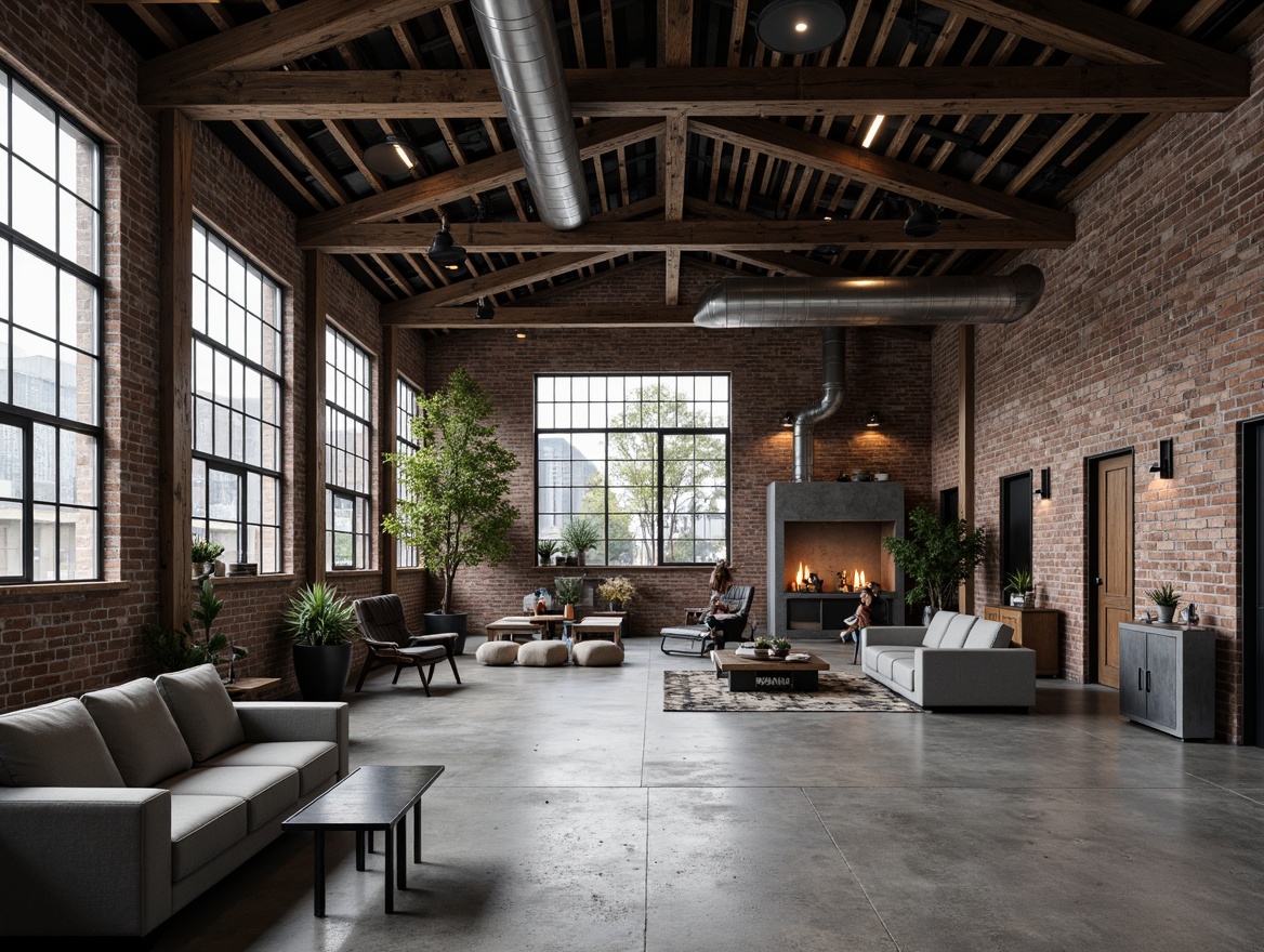 Prompt: Industrial interior, metal accents, exposed brick walls, polished concrete floors, reclaimed wood beams, modern industrial lighting, minimalist decor, sleek metal furniture, metallic sheen, urban aesthetic, raw textures, monochromatic color scheme, dramatic shadows, high ceilings, open space, functional layout, industrial chic style, distressed finishes, mechanical details, bold color pops, edgy atmosphere, 3/4 composition, low-key lighting, realistic reflections.