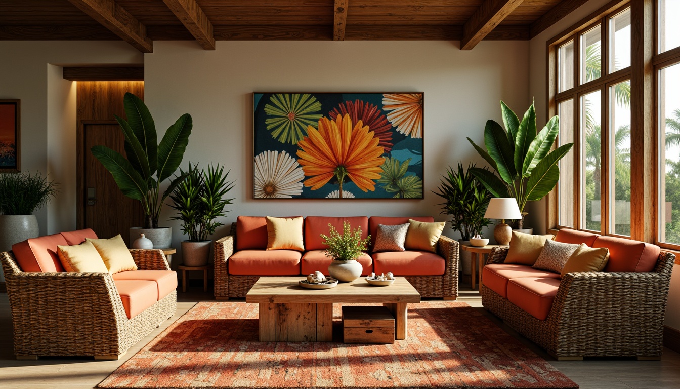 Prompt: Vibrant tropical living room, woven rattan furniture, plush velvet sofas, reclaimed wood coffee tables, natural fiber rugs, exotic potted plants, colorful tiki torches, shell decorative accents, ocean-inspired artwork, warm golden lighting, soft focus, shallow depth of field, 2/3 composition, realistic textures, ambient occlusion.