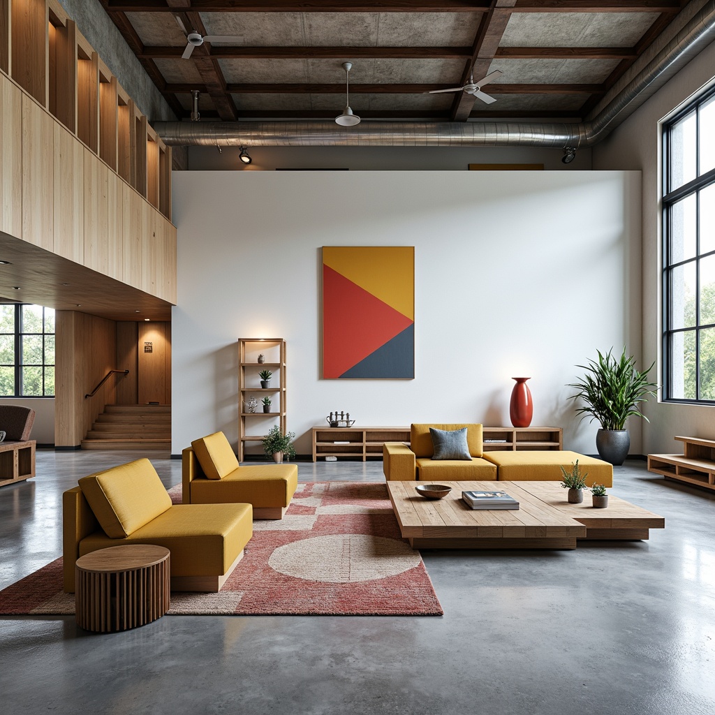 Prompt: Open-plan living space, minimalist decor, functional simplicity, rectangular shapes, primary color accents, industrial materials, exposed ductwork, polished concrete floors, geometric patterns, stainless steel furniture, floor-to-ceiling windows, abundant natural light, airy atmosphere, modernist architecture, clean lines, minimal ornamentation, free-flowing spaces, flexible functionality, collaborative work areas, communal seating, informal meeting zones, creative freedom, innovative thinking, futuristic ambiance, high ceiling, 3/4 composition, wide-angle lens, soft diffused lighting.