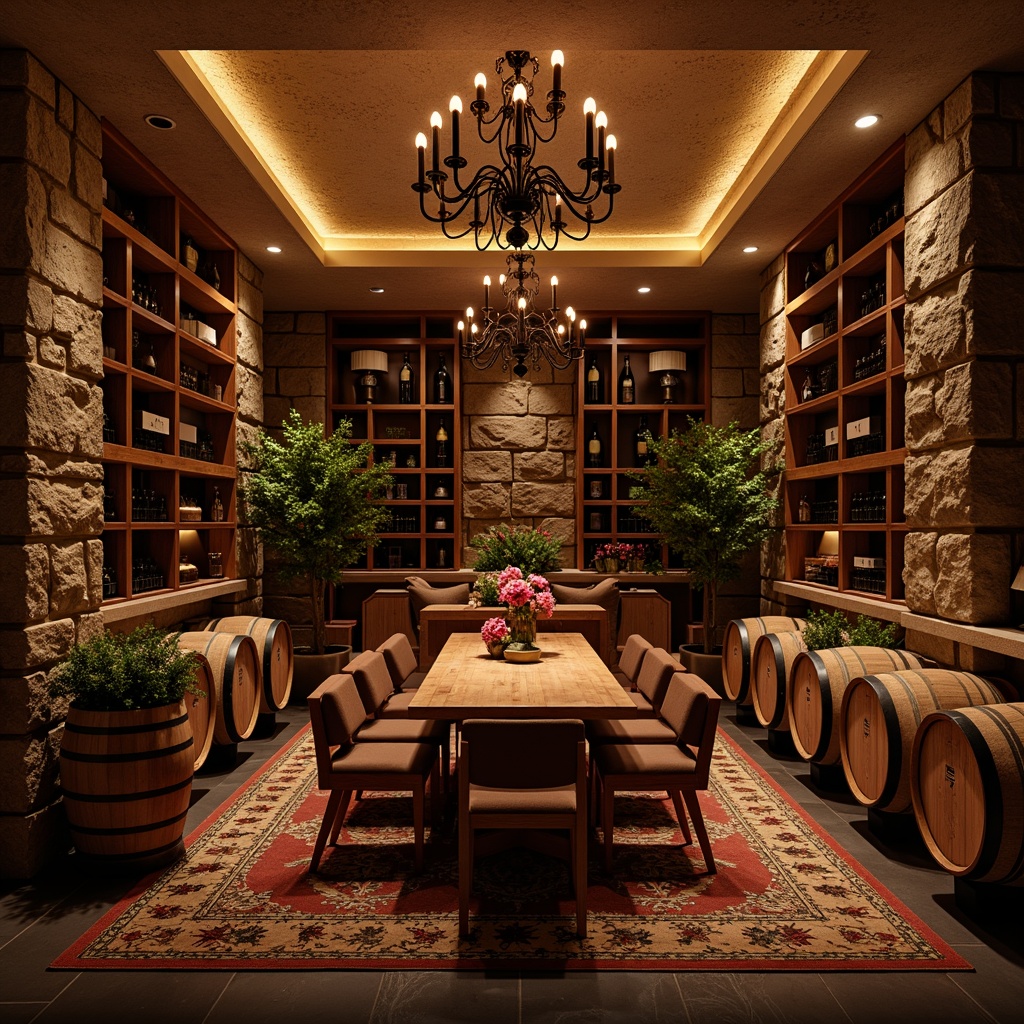 Prompt: Cozy wine cellar, rustic stone walls, wooden wine racks, dimmed warm lighting, soft glow, intimate ambiance, rich wood tones, earthy scent, comfortable seating area, vintage wine barrels, subtle LED strip lights, dramatic spotlights, ambient shadows, relaxed atmosphere, warm color palette, luxurious textiles, plush carpets, elegant chandeliers, sophisticated decor, romantic setting, serene mood.