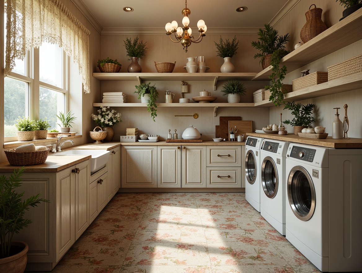 Prompt: Vintage laundry room, distressed wood cabinets, ornate metal hardware, soft pastel colors, floral patterns, lace curtains, antique washing machines, decorative soap dispensers, woven baskets, natural linen fabrics, rustic wooden shelves, elegant chandeliers, warm beige walls, distressed finishes, romantic ambiance, softbox lighting, 3/4 composition, cozy atmosphere.