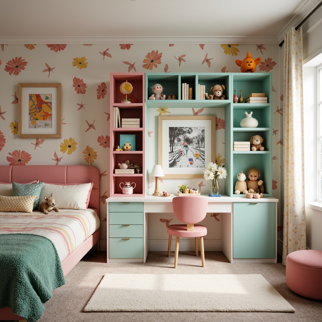 Prompt: Vibrant kids' bedroom, playful toy storage, colorful wall shelves, cozy reading nook, soft carpet flooring, gentle natural light, calming pastel colors, whimsical wallpaper patterns, minimalist desk layout, comfortable ergonomic chair, functional bookcases, imaginative play areas, stimulating learning zones, safety-conscious furniture design, clutter-free environment, 1/1 composition, softbox lighting, shallow depth of field, realistic textures.