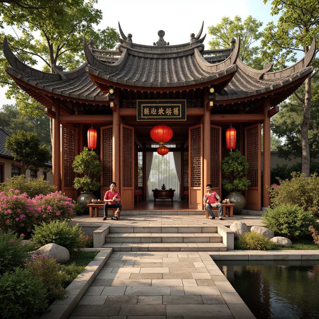 Prompt: Traditional Chinese pavilion, intricately carved wooden doors, vibrant red lanterns, ornate ceramic tiles, natural stone foundations, curved eaves, upturned roof corners, delicate latticework, wooden columns, vibrant greenery, lush flowers, serene water features, peaceful ambiance, soft warm lighting, shallow depth of field, 3/4 composition, panoramic view, realistic textures, ambient occlusion.