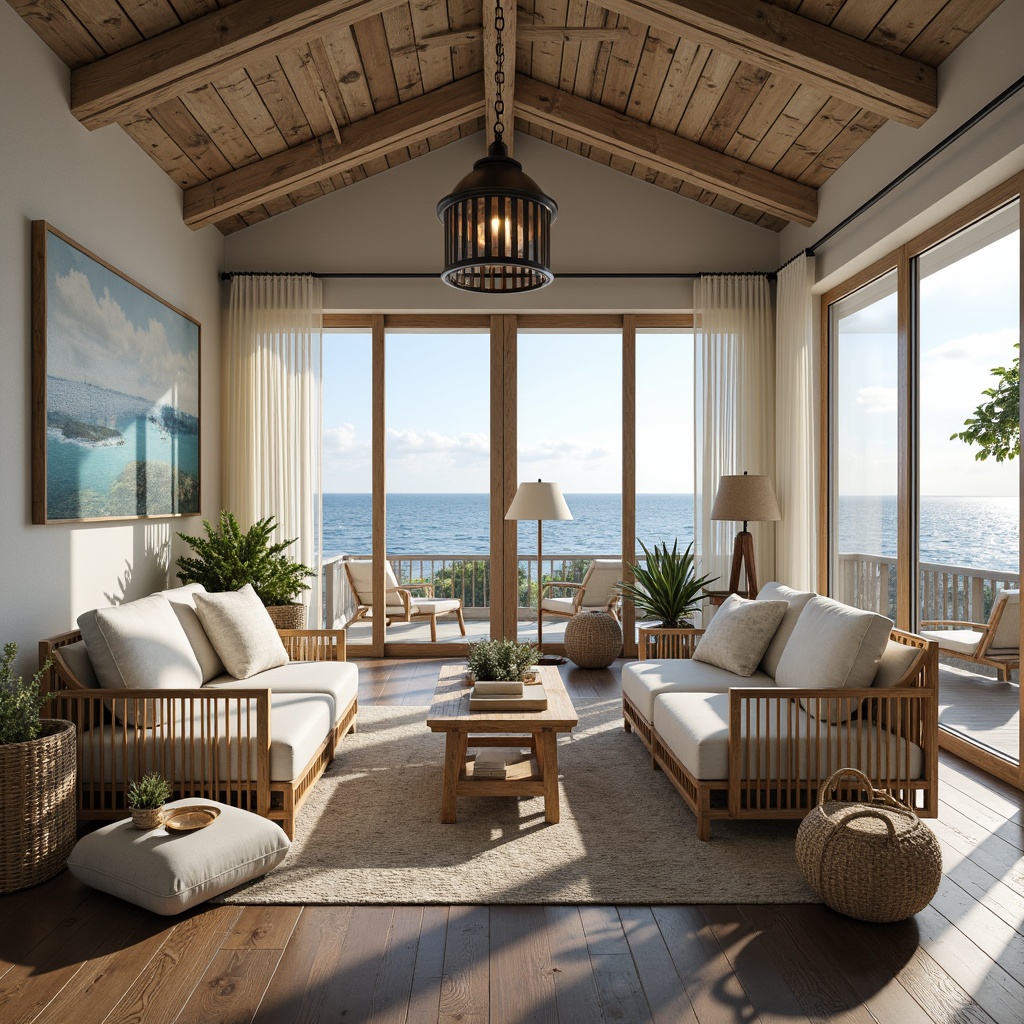 Prompt: Coastal style workspace, natural materials, driftwood accents, woven fibers, calming blue hues, soft creamy whites, warm beige tones, rustic metal fixtures, pendant lighting, floor lamps, table lamps, softbox lights, ambient glow, layered lighting, ocean views, large windows, sliding glass doors, beachy textures, weathered wood surfaces, woven baskets, nautical elements, subtle patterns, airy atmosphere, relaxed vibe, 1/2 composition, shallow depth of field, warm color temperature.