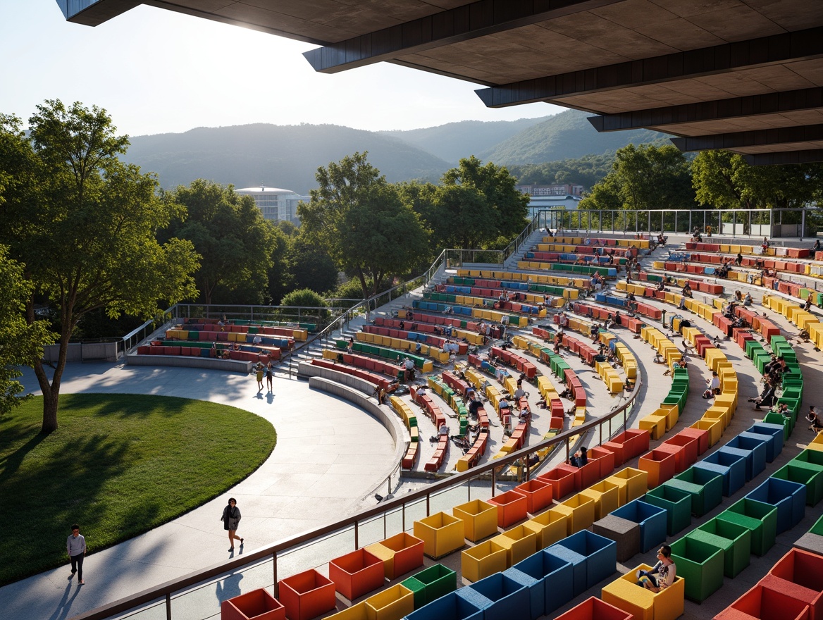 Prompt: Sleek modern amphitheater, curved seating rows, vibrant color-blocked chairs, polished metal handrails, LED stage lighting, transparent glass balustrades, minimalist concrete floors, angular steel beams, open-air atmosphere, lush green surrounding hills, sunny afternoon, warm soft shadows, shallow depth of field, 1/2 composition, cinematic view, realistic textures, ambient occlusion.