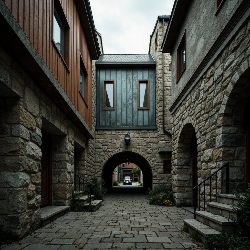 Prompt: Rough-hewn stone walls, distressed wood accents, oxidized metal cladding, weathered copper roofing, textured concrete facades, irregular brick patterns, dramatic archways, ornate ironwork, intricate stonework, moody atmospheric lighting, deep shadows, high contrast ratios, cinematic composition, 1/2 camera angle, low-key color palette, mystical ambiance.