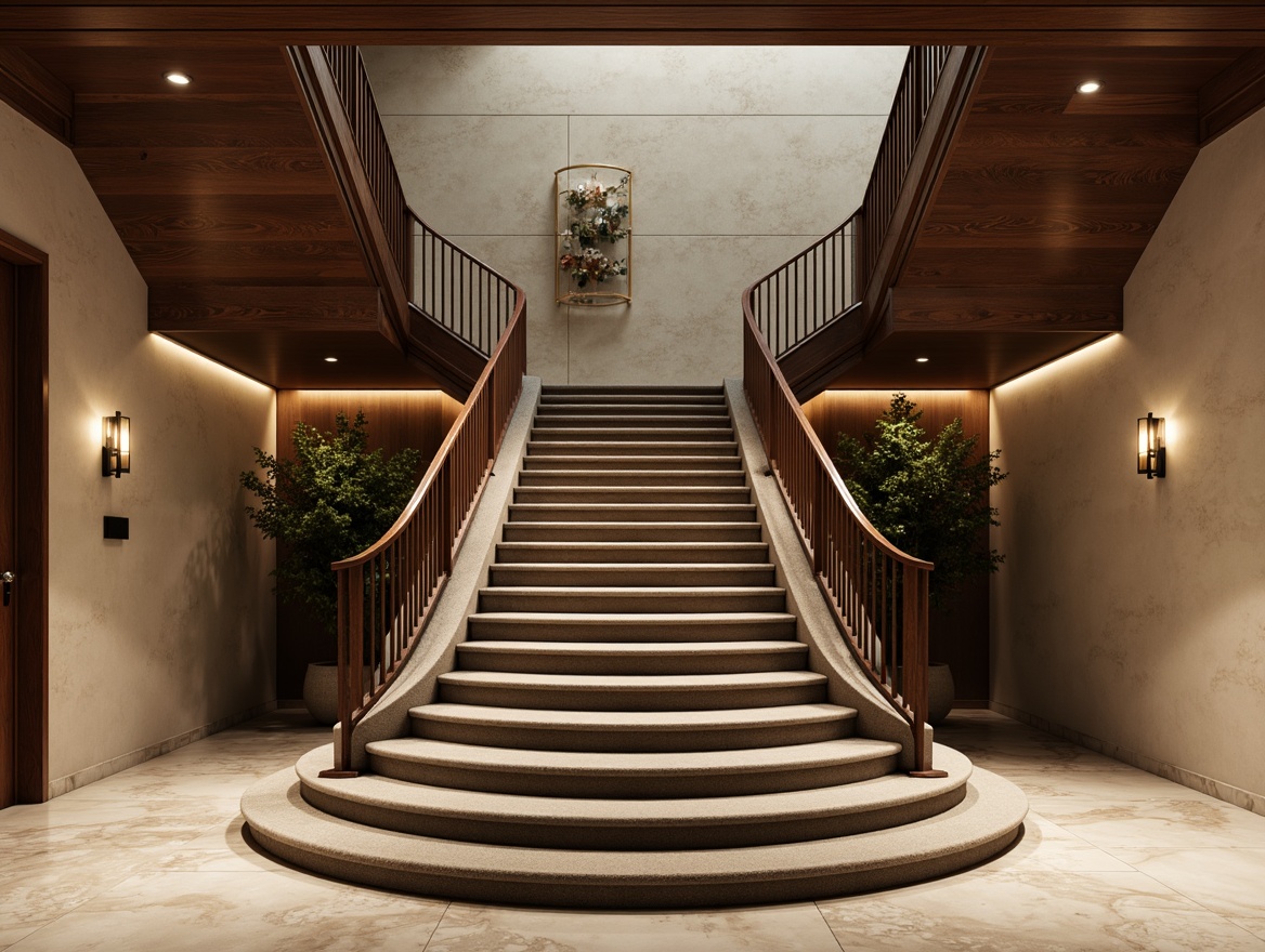 Prompt: Elegant staircase, rich wood tones, ornate metal railings, luxurious carpeted steps, statement wall finishes, textured stone cladding, sleek glass balustrades, modern minimalist handrails, dramatic LED lighting, subtle ambient glow, warm beige walls, sophisticated marble flooring, ornamental ceiling details, refined architectural moldings, classic black and white color scheme, shallow depth of field, 1/1 composition, high-contrast photography, realistic material textures, atmospheric ambient occlusion.