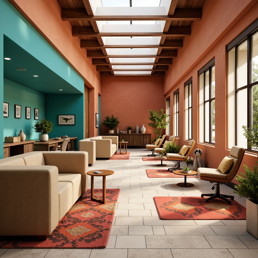 Prompt: Vibrant turquoise accents, warm terracotta walls, sandy beige floors, rustic wooden furniture, natural stone countertops, southwestern-inspired patterned rugs, bold red and orange hues, creamy white dental chairs, modern minimalist decor, abundant natural light, clerestory windows, desert botanicals, succulent plants, warm bronze hardware, earthy ceramic tiles, cozy waiting area, calming ambiance, soft warm lighting, shallow depth of field, 1/1 composition, realistic textures, ambient occlusion.