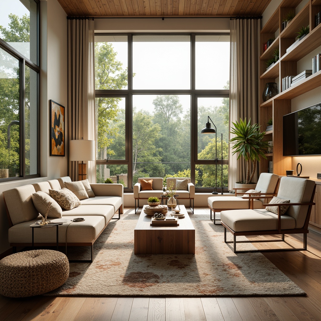 Prompt: Mid-century modern living room, plush velvet sofa, wooden coffee table, minimalist metal legs, soft cream-colored armchairs, patterned rug, floor-to-ceiling windows, natural light, greenery views, industrial-chic pendant lamp, reclaimed wood shelves, decorative vases, pastel-colored throw pillows, warm beige walls, functional storage ottomans, ergonomic desk chairs, adjustable task lamps, cozy reading nook, atmospheric warm lighting, shallow depth of field, 1/1 composition, realistic textures.