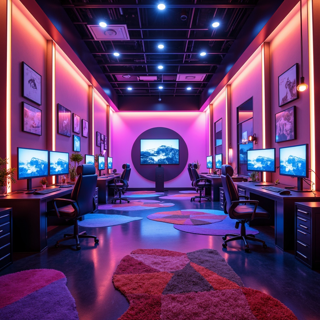 Prompt: Vibrant game room, neon-colored walls, LED strip lighting, futuristic ambiance, high-gloss floors, sleek gaming stations, ergonomic chairs, colorful rugs, abstract geometric patterns, ambient glow, softbox lights, backlighting, dynamic shadows, 3D visual effects, cinematic atmosphere, immersive gameplay experience.