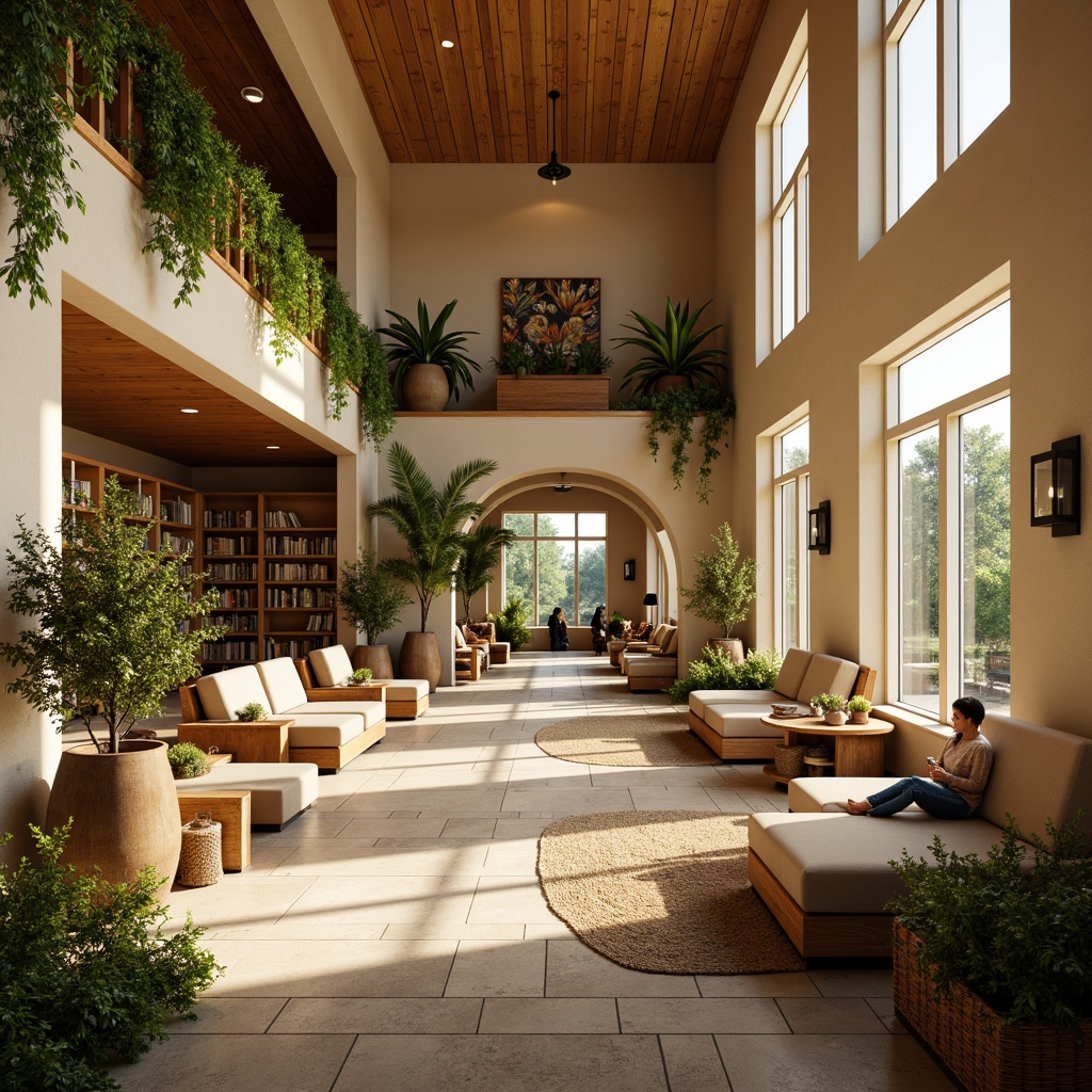 Prompt: Earthy community center, warm beige walls, rich wood accents, soft sage greenery, natural stone flooring, woven textiles, plush furnishings, cozy reading nooks, abundant sunlight, warm golden lighting, 1/1 composition, intimate atmosphere, realistic materials, ambient occlusion.