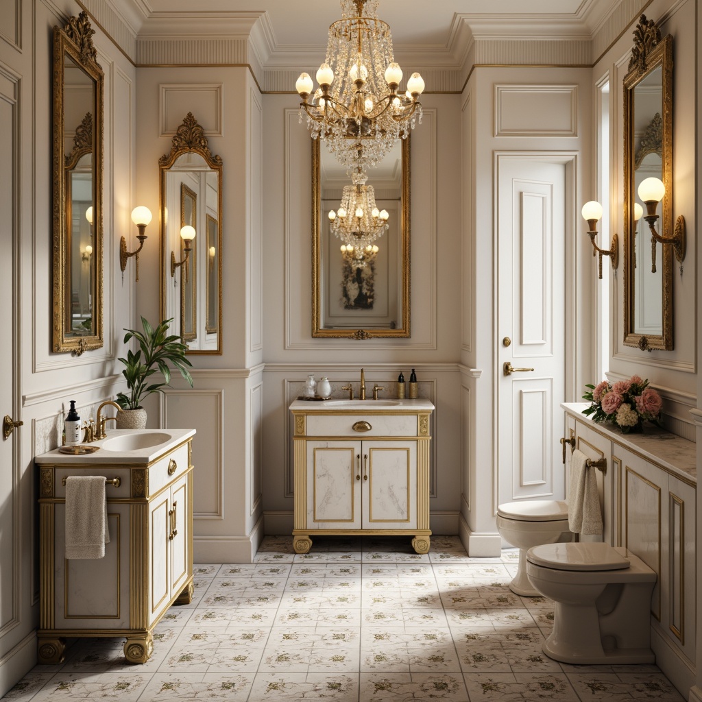 Prompt: Ornate bathroom fixtures, gold-plated faucets, crystal chandeliers, marble countertops, ornamental mirrors, freestanding tubs, classic pedestal sinks, decorative tilework, neutral color palette, soft warm lighting, wall-mounted toilets, elegant cabinetry, polished chrome accents, floral patterns, luxurious textiles, subtle aromas, serene ambiance, shallow depth of field, 1/2 composition, realistic reflections, ambient occlusion.