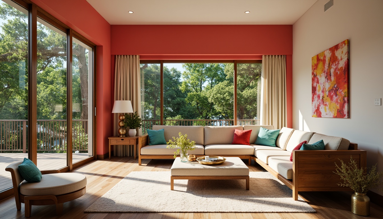 Prompt: Vibrant living room, bold coral walls, contrasting turquoise accents, warm beige furniture, rich walnut wood tones, metallic gold decor, soft cream-colored curtains, plush area rugs, natural light pouring in, large windows, sliding glass doors, lush greenery views, sunny afternoon, bright warm lighting, shallow depth of field, 1/1 composition, realistic textures, ambient occlusion.