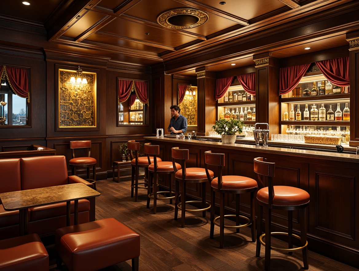 Prompt: Luxurious bar counter, polished wooden surfaces, metallic accents, soft warm lighting, cozy atmosphere, intimate seating areas, plush velvet stools, rich leather upholstery, ornate mirrors, vintage liquor displays, sparkling glassware, wine cellar, ambient music, relaxed vibe, golden hour, shallow depth of field, 2/3 composition, realistic textures.