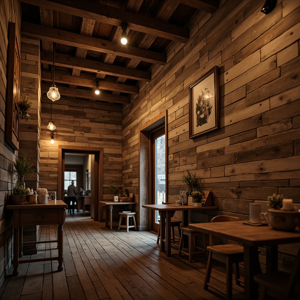 Prompt: Rustic wooden walls, reclaimed wood planks, distressed textures, earthy tones, natural stone accents, rough-hewn beams, exposed brick, vintage metal signs, warm candlelight, cozy ambient atmosphere, soft warm lighting, shallow depth of field, 1/1 composition, realistic wood grain, ambient occlusion.