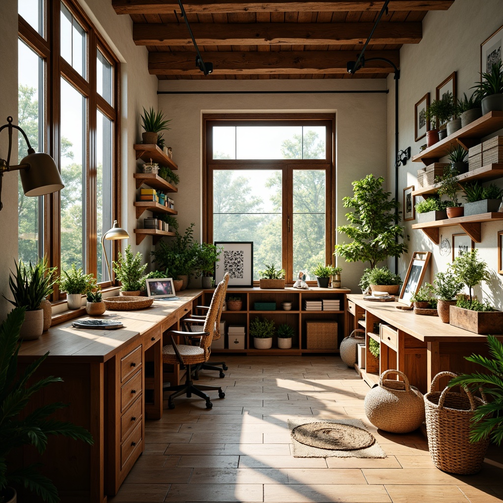 Prompt: Cozy craft room, large windows, abundant natural light, soft warm glow, wooden workstations, built-in shelving, colorful storage bins, vibrant textiles, woven baskets, earthy tones, nature-inspired decor, lush greenery, potted plants, botanical prints, rustic wooden accents, metal task lamps, ergonomic chairs, adjustable desks, ample legroom, comfortable seating areas, calm atmosphere, soft background music, 1/1 composition, warm color palette, realistic textures.