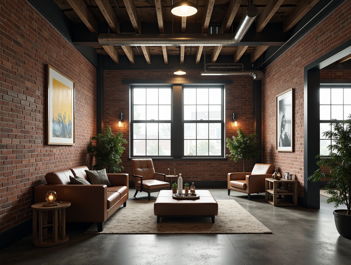 Prompt: Exposed brick walls, industrial metal beams, reclaimed wood accents, distressed leather furniture, vintage factory lighting, Edison bulbs, metallic pipes, concrete floors, urban loft atmosphere, postmodern eclectic decor, abstract art pieces, oversized windows, natural light pouring in, minimalist color palette, neutral tones, brutalist architecture, raw unfinished textures, cinematic shadows, dramatic spotlights, atmospheric fog effect, 1/1 composition, symmetrical framing.